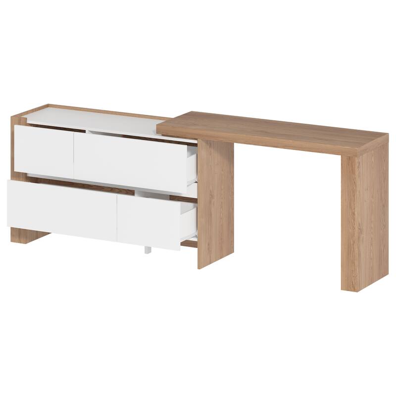 Versatile L-Shaped Desk and Vanity - White & Light Walnut Bedroom Desk
