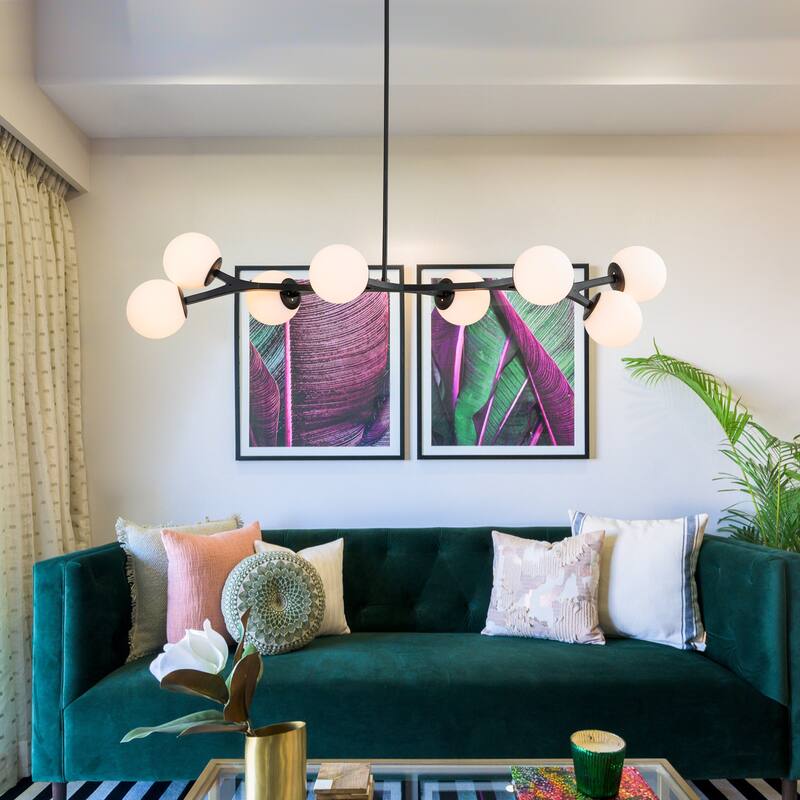 8 - Lights Modern Sputnik Linear Bubble Chandelier With Globe White Glass Shades