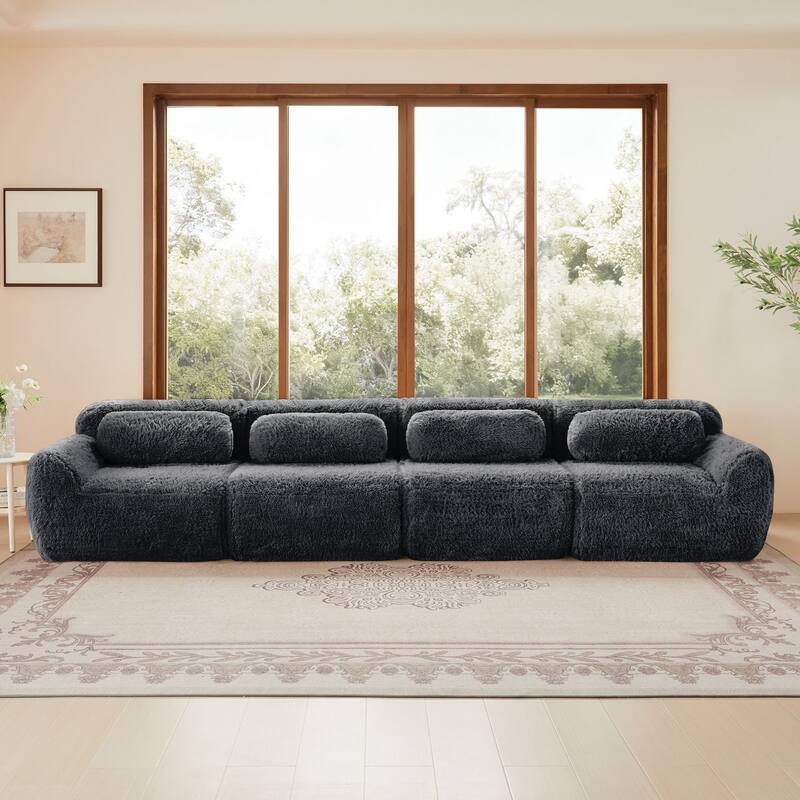 Rossetta 149'' Modern 4-seater Soft Fluffy Plush Fabric Modular Sectional Deep Sofa Couches, Free Combination Buckle Connection