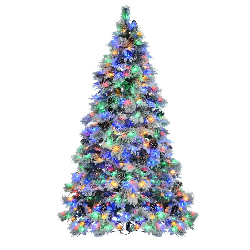 7.5 ft Snow Flocked Pre-Lit Christmas Tree with 450 LED Lights, Pine Cones, and Metal Stand