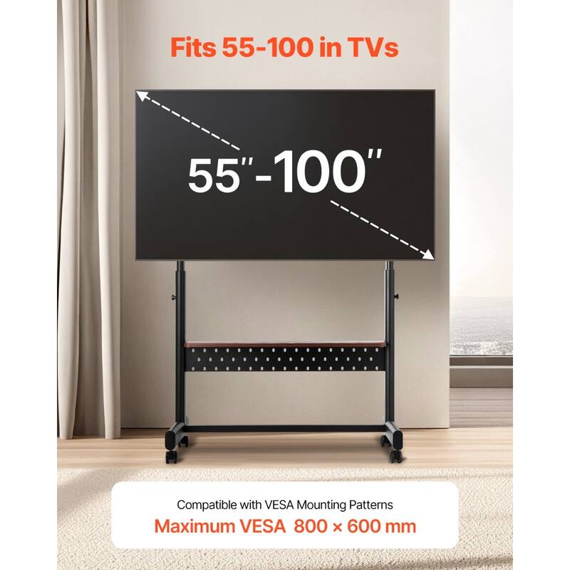 Mobile TV Cart for 55-100 Inch Displays, Height Adjustable, Swivel Wheels - 39.17 x 18.23 x (62.24 - 54.29) in