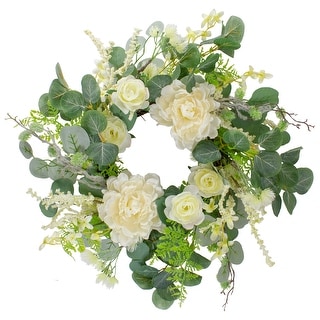 Peony, Rose and Mixed Foliage Artificial Spring Wreath, Unlit , 20-Inch ...