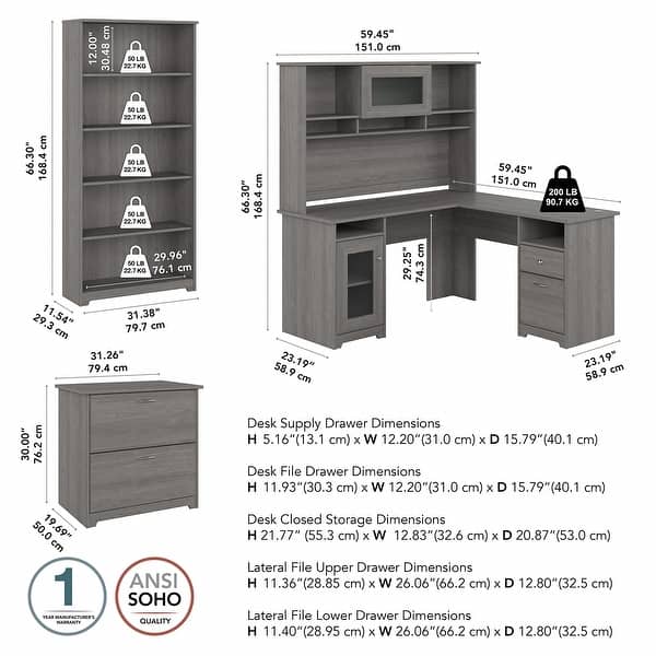 dimension image slide 1 of 12, Cabot 60W L-Desk with Hutch, Cabinet and Bookcase by Bush Furniture