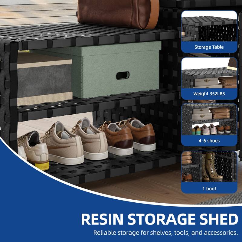All-Weather Woven Outdoor Shoe Cabinet with 2 Shelfs and Doors, Patio PE Rattan Storage Cabients with Bench
