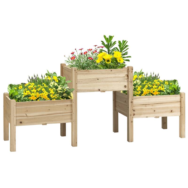 Elevated Wooden Plant Stand with Drainage Holes with 3 Planter Box