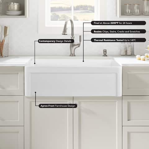 YASINU White Porcelain Farmhouse Apron Kitchen Sink - 30" W x 20" D