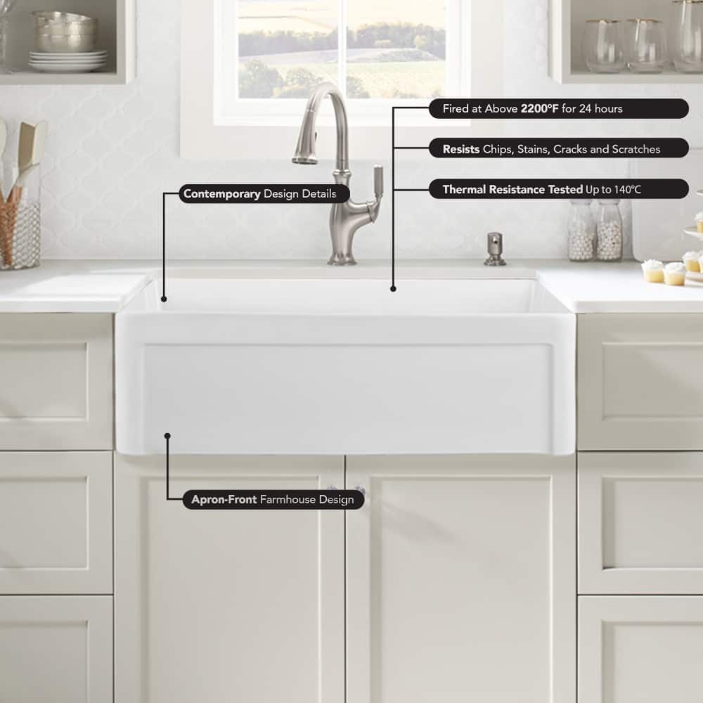 YASINU White Porcelain Farmhouse Apron Kitchen Sink - 30" W x 20" D