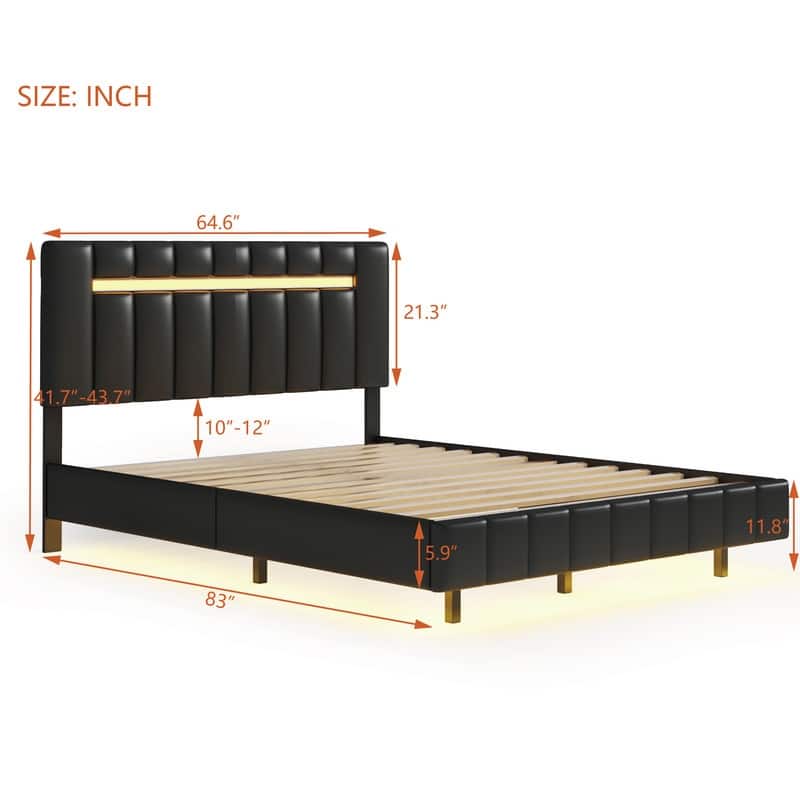 Queen Size Floating Bed Upholstered Platform Bed with LED Lights, Black PU Bed Bath & Beyond