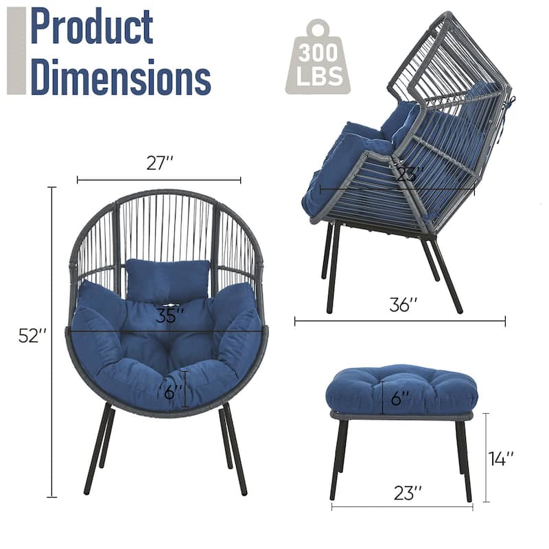 Outdoor Wicker Egg Chair with Ottoman Blue Cushion - Grey