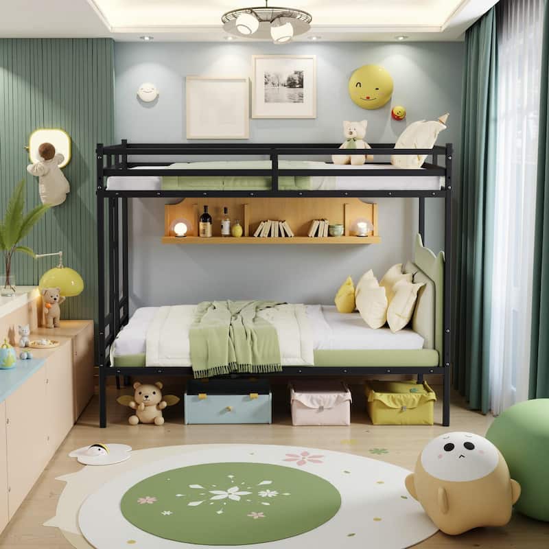 Metal Queen Bunk Bed with Guardrail, Ladder, and Storage, Black - Black