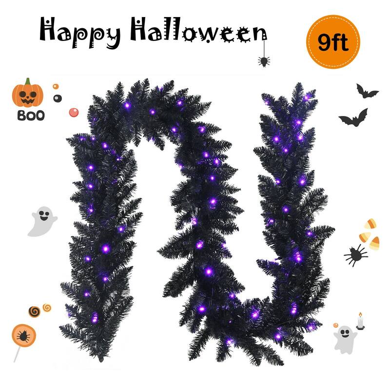 9 Feet Pre-lit Christmas Halloween Garland with 50 Purple LED Lights - BLACK