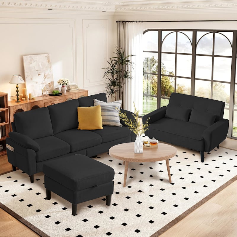 3-Piece Living Room Sectional Sofa Set with Loveseat and Ottoman