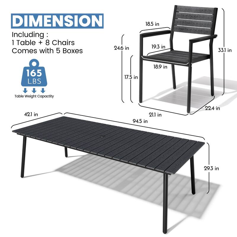 9-Piece Outdoor Patio Dining Set Wood-Like Table Top Alumium Umbrella Hole Table with Stackable Armrest Dining Chairs