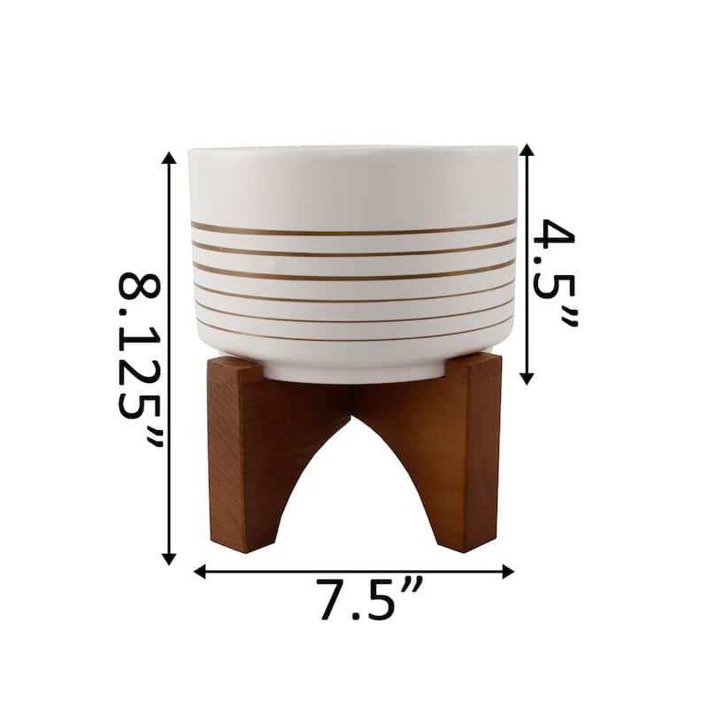 7" Ceramic Lines On Wood Stand,White/Gold Line