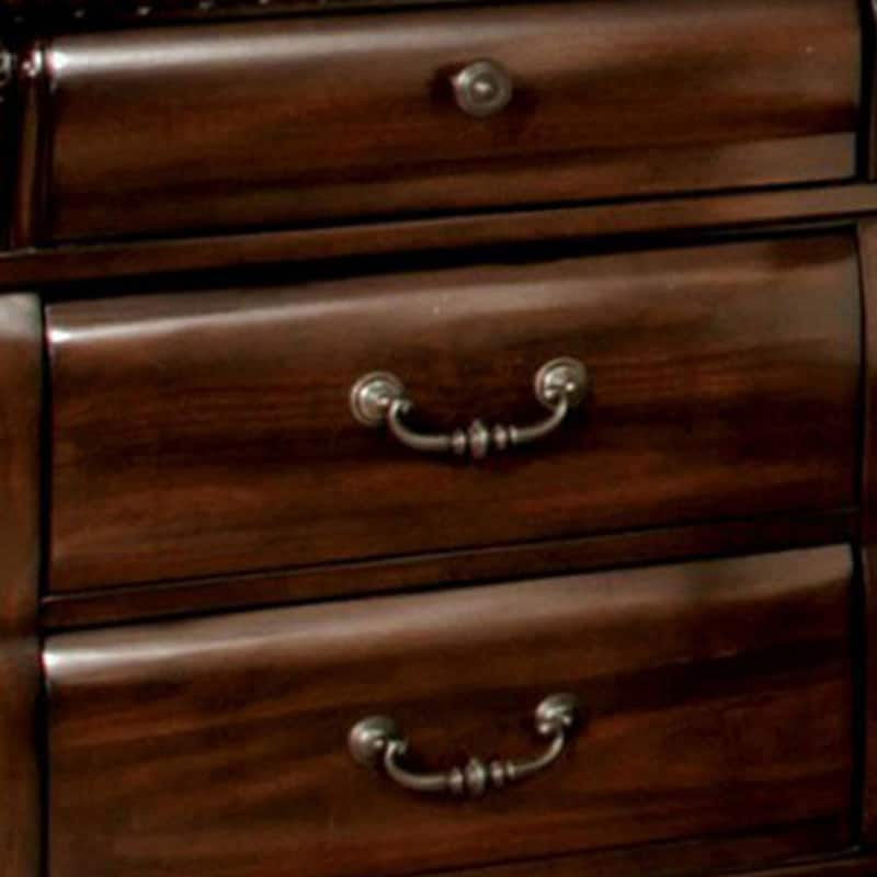 3 Drawer Wooden Nightstand with Metal Handles and Carved Details, Brown