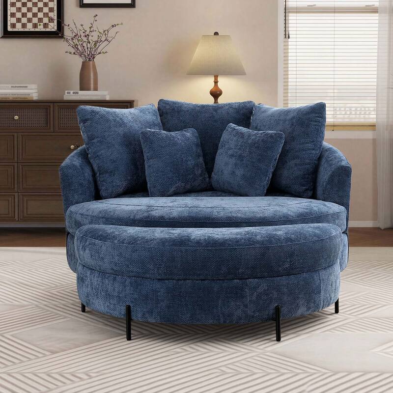 59.8''W Oversized Sofa Chair Set, Round Accent Barrel Chair With 5 Pillows and 1 Storage Ottoman