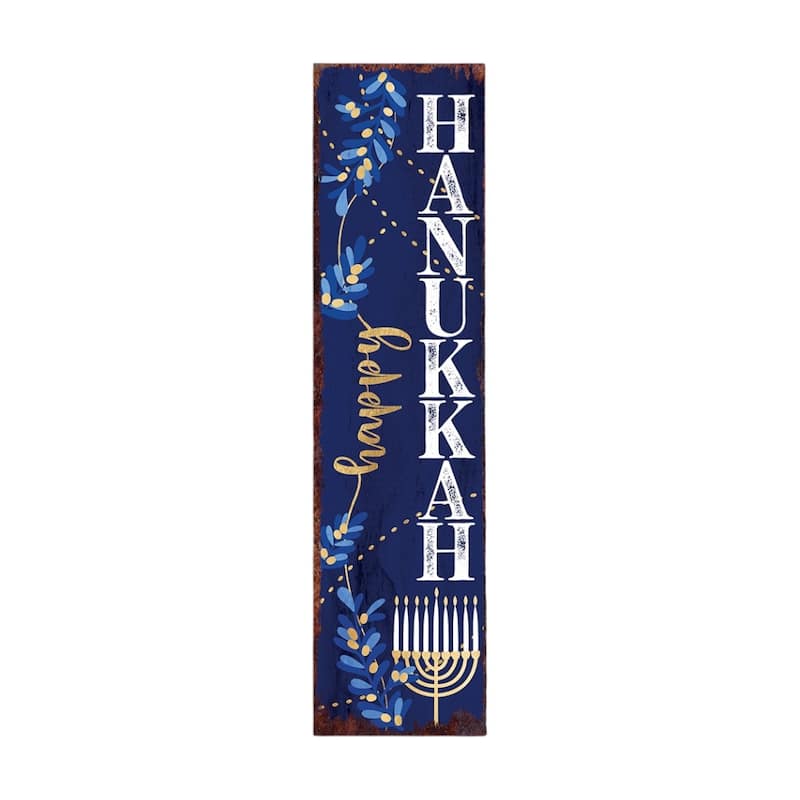 HomeRoots 36" Blue White And Gold Hanukkah Tree Solid Wood Porch Sign