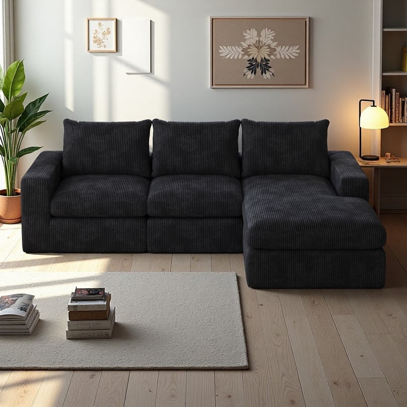 99" Corduroy L-Shaped Sectional Sofa with Chaise and 3 Pillows, No Assembly Required - Black