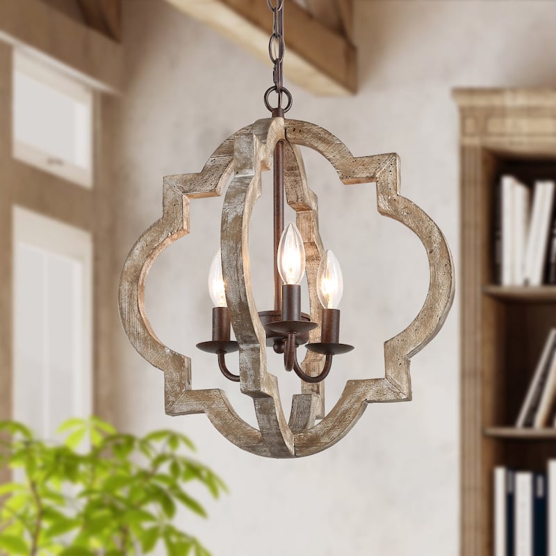 Farmhouse 3-Light Lantern Wood Chandelier Foyer Island Lights for Dining Room - D 16" x H 77.5" - D 16" x H 77.5" 