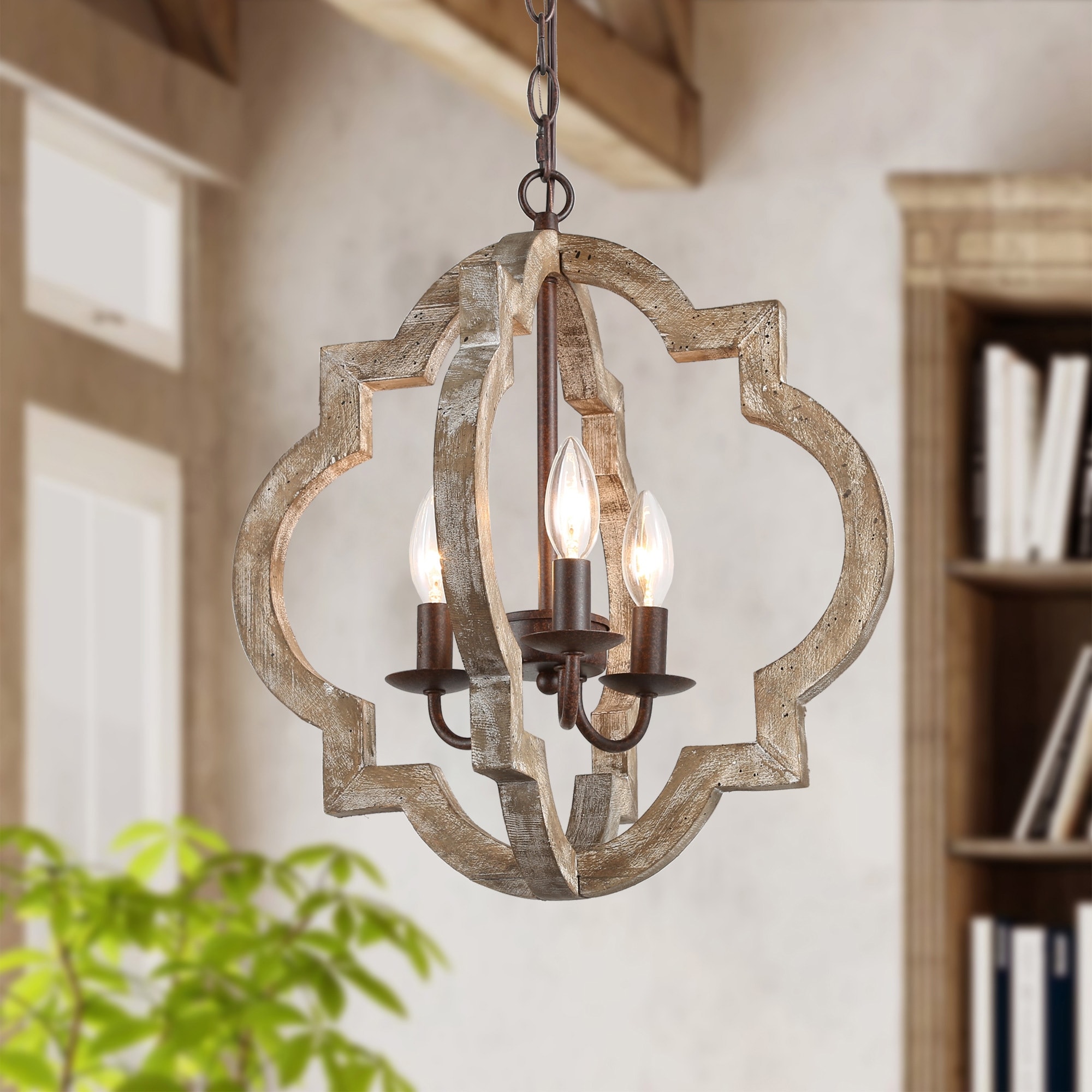 Modern Farmhouse 3-Light Wood Finish Cage Chandelier for Foyer Dining Room Kitchen Island - D 16" x H 77.5"