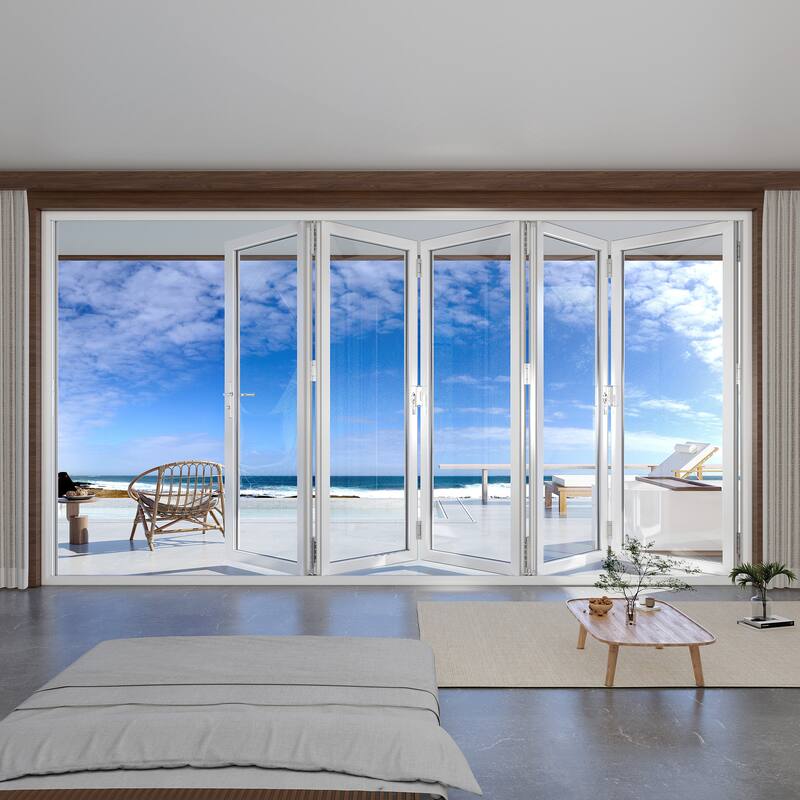 KaMic 168"×80" 5 Panels Aluminum Folding Door In White,Folded Out From Right To Left Model #:FD5PWH16880-RL