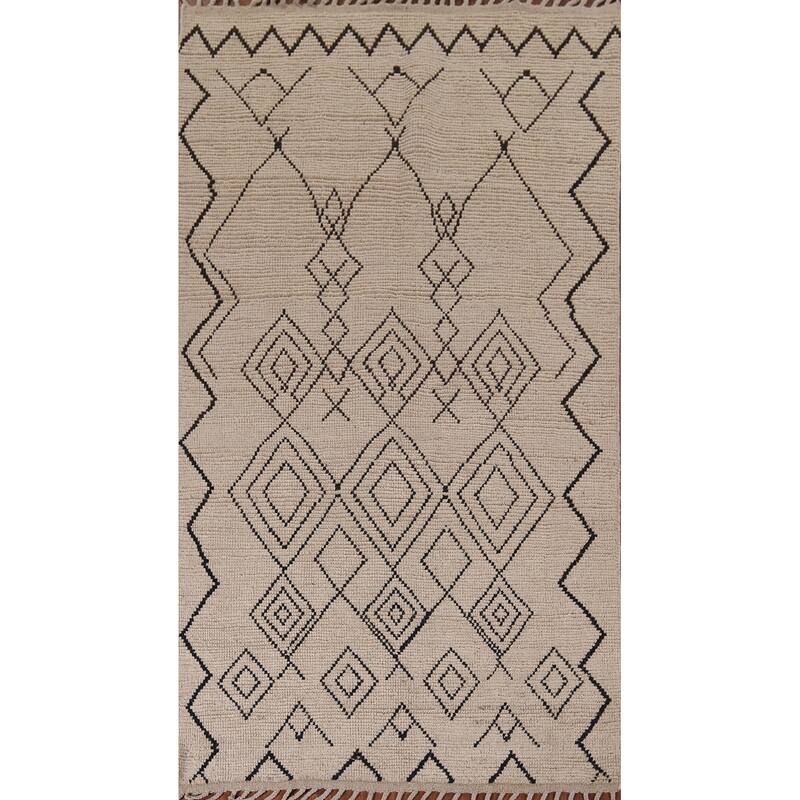 Beige Moroccan Oriental Area Rug Hand-Knotted Wool Carpet - 4'8" x 8'3"