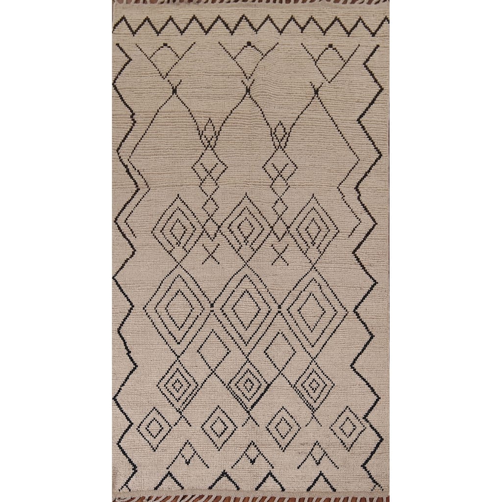 Beige Moroccan Oriental Area Rug Hand-Knotted Wool Carpet - 4'8" x 8'3"