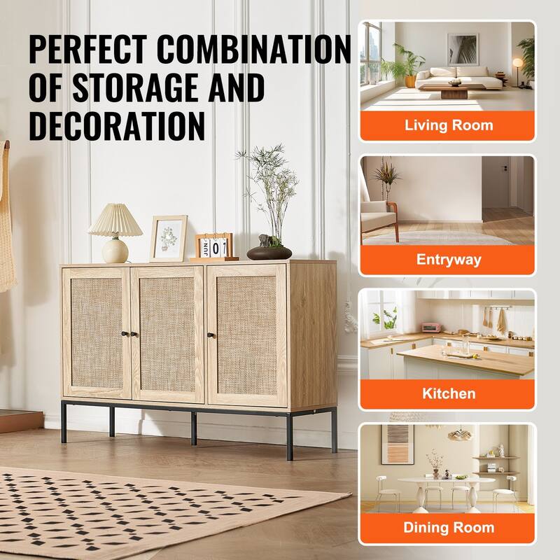 47i Ich Natural Rattan Storage Cabinet with 3 Magnetic Doors and Adjustable Shelves - 47.2 x 14.1 x 31.5 in