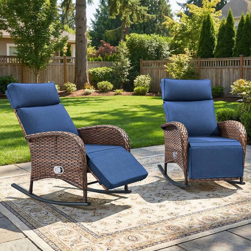 Pocassy Versatile Outdoor Recliner Rocker Chair with Side Table - Brown Wicker with Blue Cushion - 2-Piece Rocker Recliner Chair