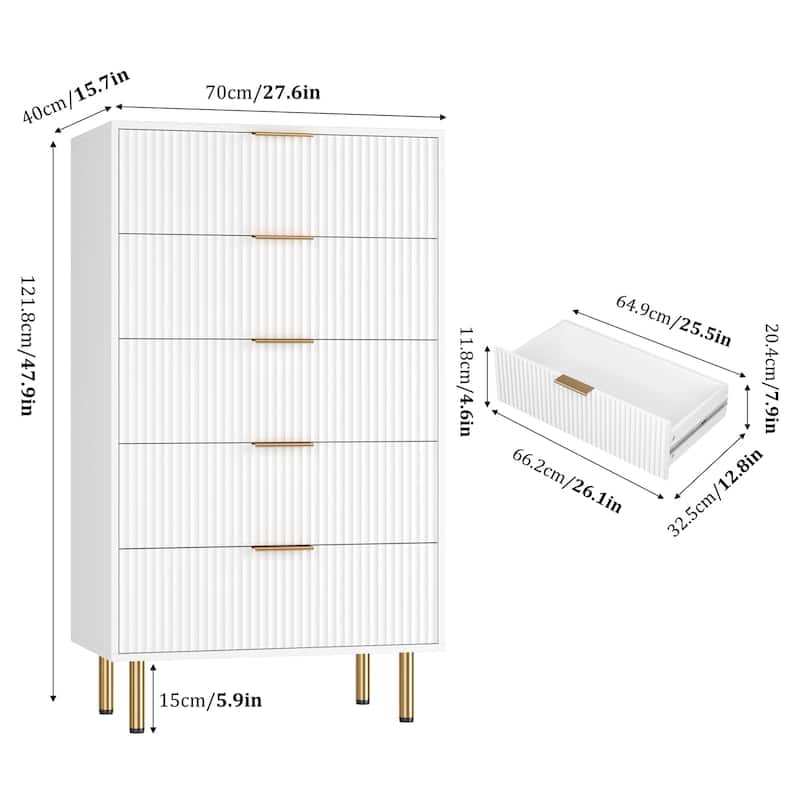 5 Drawer Fluted Dresser for Bedroom, Modern Wooden Storage Chest with Gold Handles