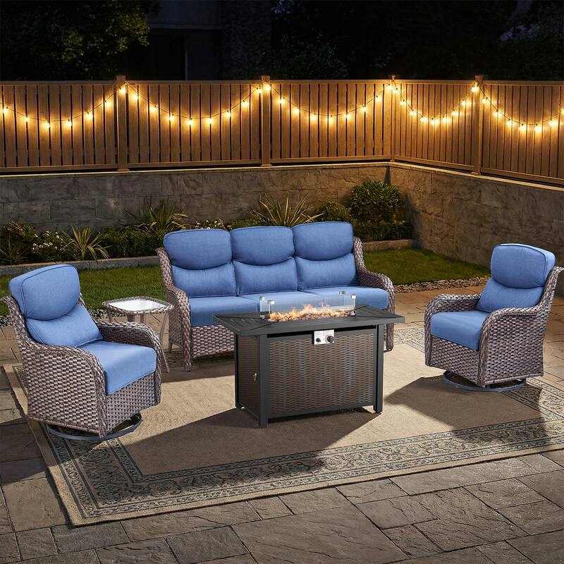 Pocassy 4/5 Piece Patio Sofa Furniture Set with 43" Fire Pit Table - Brown Wicker Blue Cushion - 5-Piece Sofa Swivel Chair Table w/ Fie Pit Table
