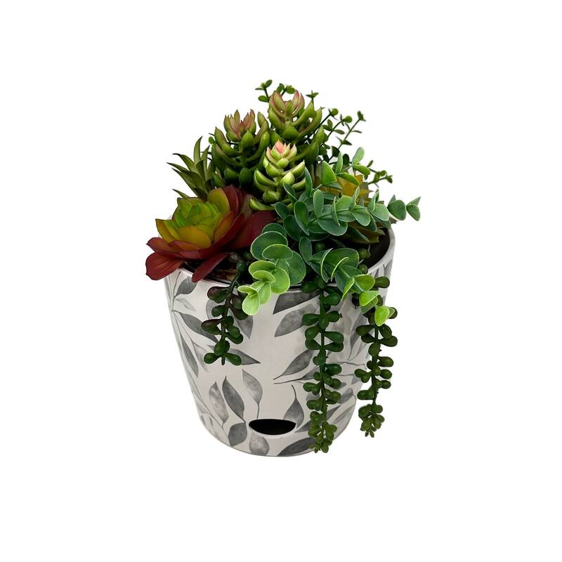 7" Round Self-Watering Indoor/Outdoor Bamboo Pots - Gray Leaves