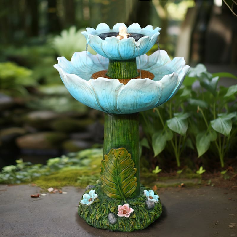 Solar Powered Blue Flower 2-Tier Resin Birdbath Fountain with Lights