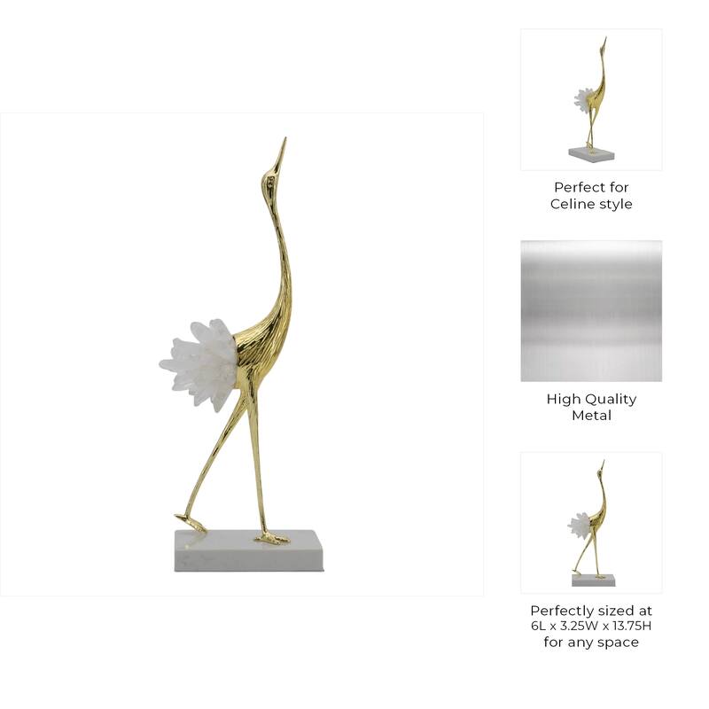 Metal Modern Crane Sculpture with Crystal Accents and Marble Base