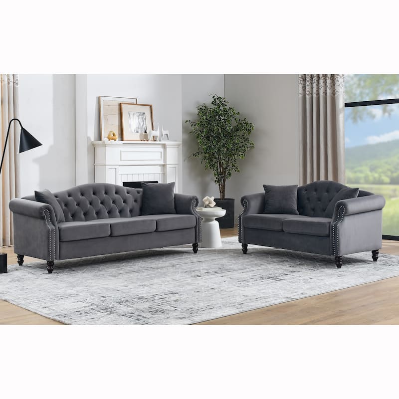 2-Piece Chesterfield Velvet Sofa Set (3+2) with Tufted Back & Nailhead Trim - Grey