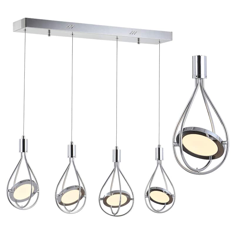 Alain 29" Adjustable Modern Integrated 4-Light Linear LED Metal Pendant, Chrome by JONATHAN Y