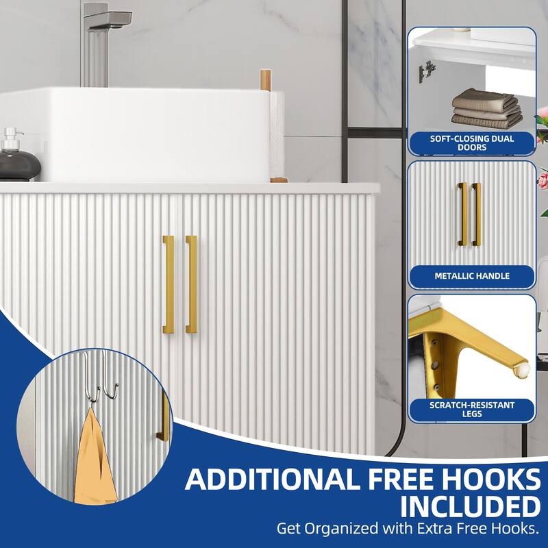 Freestanding Bathroom Vanity with White Stone Top Soft Close Doors and Gold Accents
