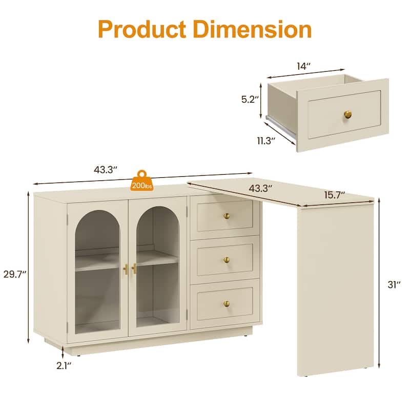 Extendable Makeup Vanity Desk with 3 Drawers & 2 Doors