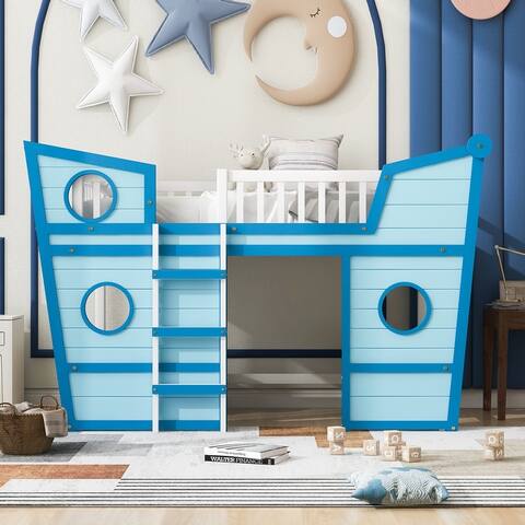 Fun Design Twin Size Boat Shape Loft Bed with Ladder, with Superior Quality Solid Pine Wood Bed Frame Suitable for Bedroom