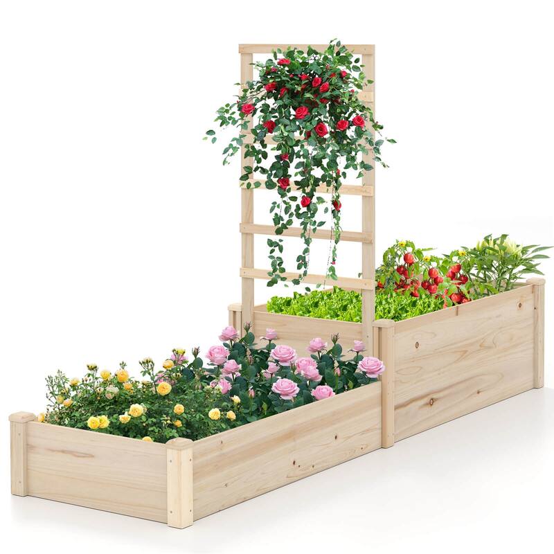 Costway 87" Raised Garden Bed with Trellis 2 Planter Boxes Open-ended - Natural - See Details - Natural - See Details