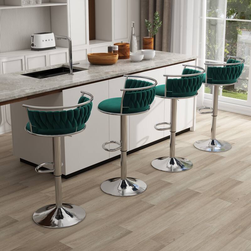 4 Set Modern Velvet Adjustable Swivel Bar Stools with Metal Frame - Silver/Dark Green