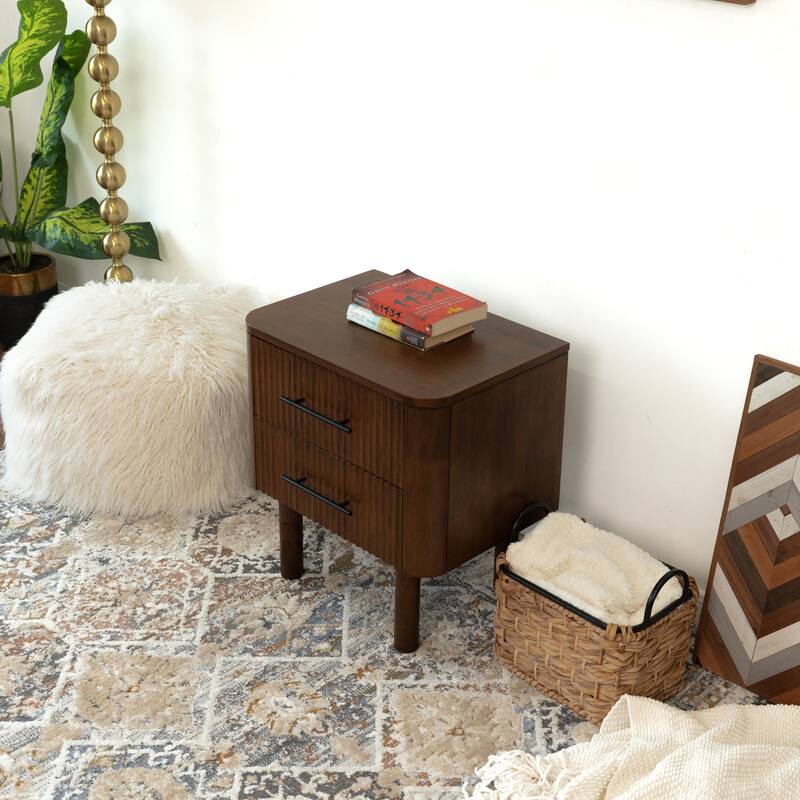Ross Mid Century Modern Walnut Nightstand Bed Side Table with 2 Drawers - 2-drawer