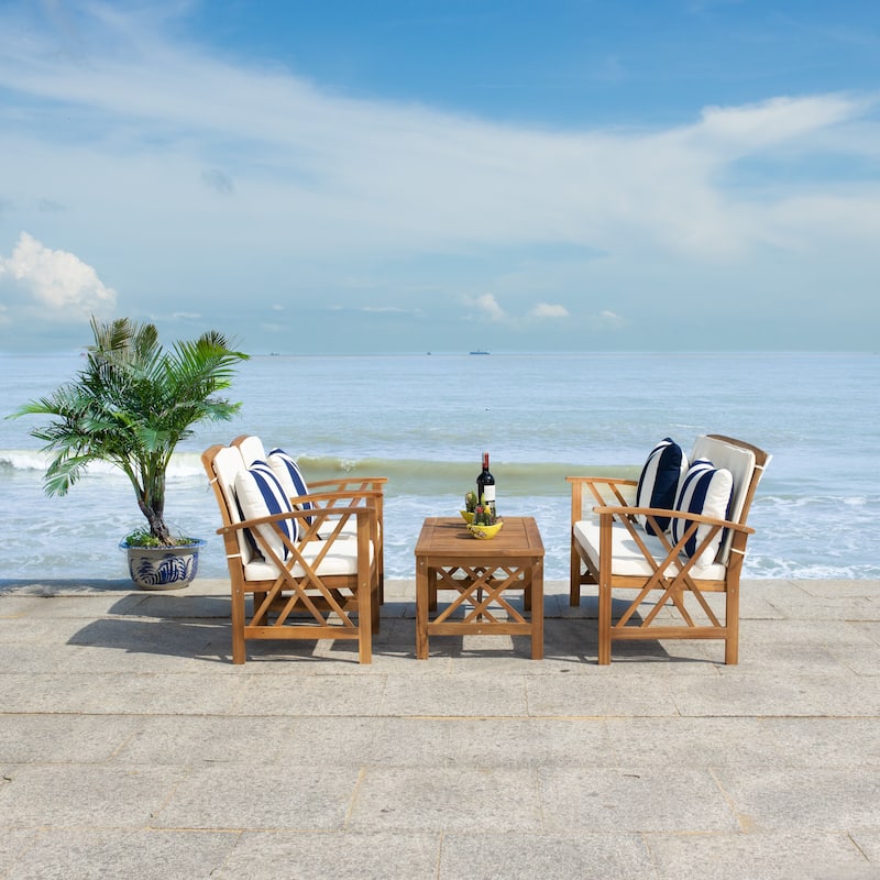 SAFAVIEH Outdoor Fontana 4-piece Acacia Wood Patio Conversation Set - Natural/ Beige with Navy Pillows