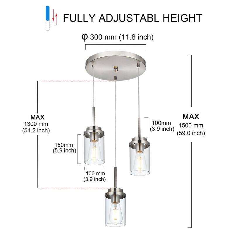 3-Light Farmhouse Brushed Nickel Pendant Lights Kitchen Island, Light Fixtures Ceiling Hanging with Clear Glass Shade