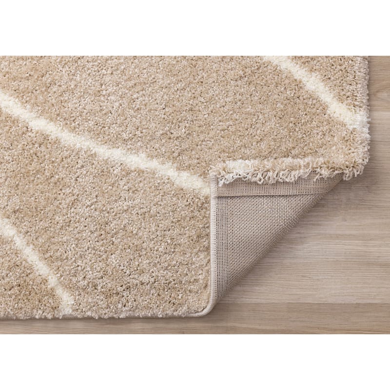 Taupe Cream Curved Lines Shag Living Rug