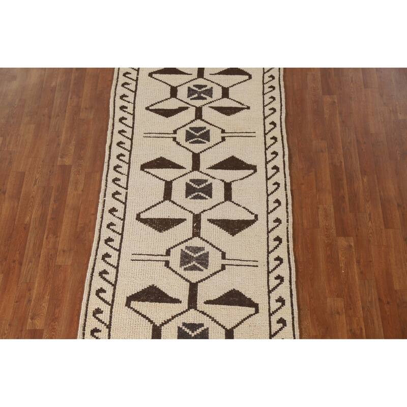 Natural Dye Beige Tribal Anatolian Runner Rug Handmade Wool Carpet - 3'6"x 11'4"