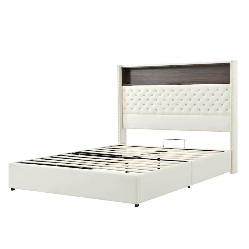 Queen Velvet Tufted Bed Frame with USB Port Night Light and Headboard Shelf