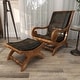 preview thumbnail 9 of 18, Dark Brown Leather Handmade Upholstered Room Accent Chair with Ottoman with Scrolled Wood Arms and Arched Legs