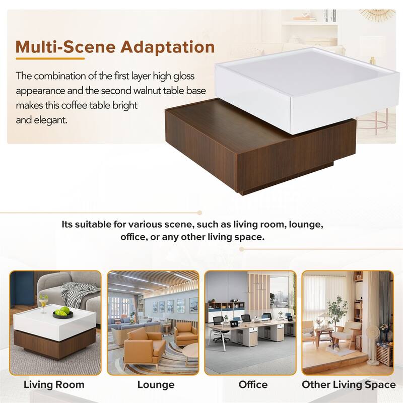 Square 360°Rotating Coffee Table with 2 Drawers, Swivel Tabletop
