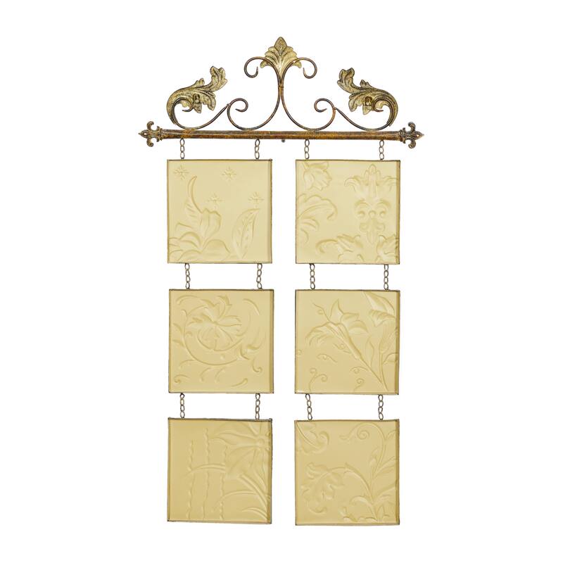 Multi Colored Metal Embossed Floral Home Wall Decor with 6 Suspended Panels and Scroll Details